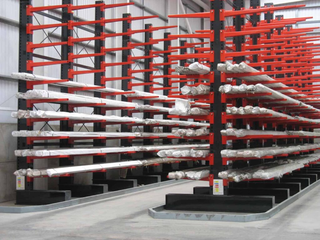 Stakapal Guided Aisle Cantilever Racking improves operational efficiency for metals storage. Accompanied by guiderails that are equipped at the bottom of the racking to prevent such forklifts from getting too close.