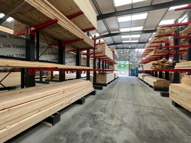 Conventional Cantilever Racking by Stakapal. The most common form of Cantilever Racking which has been set up and installed in a warehouse and is storing long products such as timber.