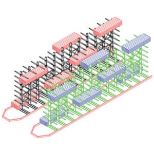 Guided Aisle Cantilever Racking which consists of high bays and a guided rail system, a diagram by Stakapal - Leaders in Innovative Warehouse and Yard Storage Racking Solutions and Cantilever Racking Specialists