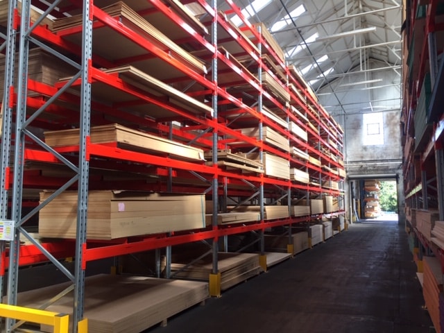 Pallet Racking for panel products equipped with Safety Barriers which has been manufactured, supplied and installed by Stakapal - the leading Manufacturer and supplier of heavy duty racking made bespoke to tailor the needs of their customers.