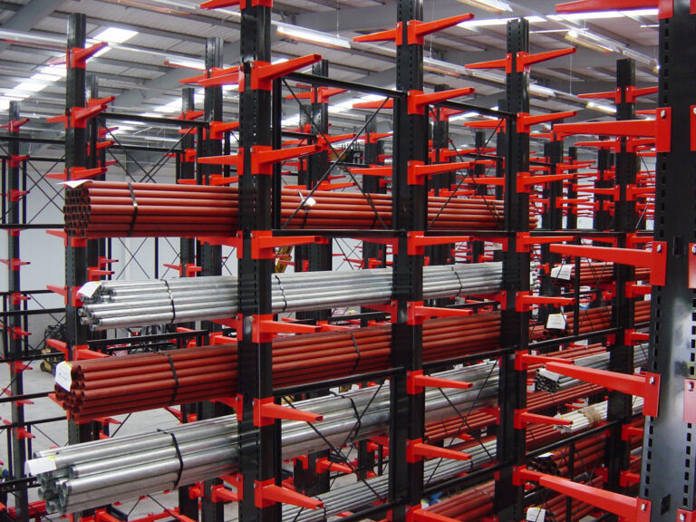 Stakapal's double sided Cantilever Racking also referred to as Christmas Tree Racking that has been optimised to store long steel tubes for the customer. The racking configuration is very tall to ensure the height of the warehouse has been utilised.