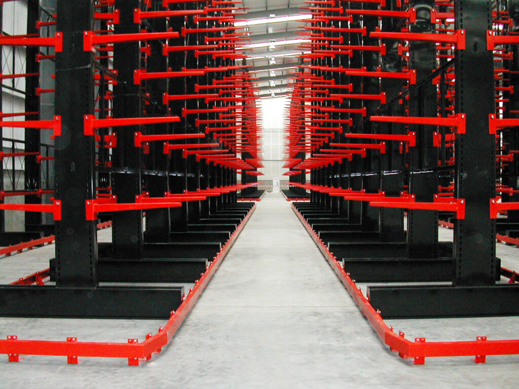 Stakapal's double sided Cantilever Racking that has had guided aisles installed to reduce the chances of collision to occur from forklift trucks in operation.