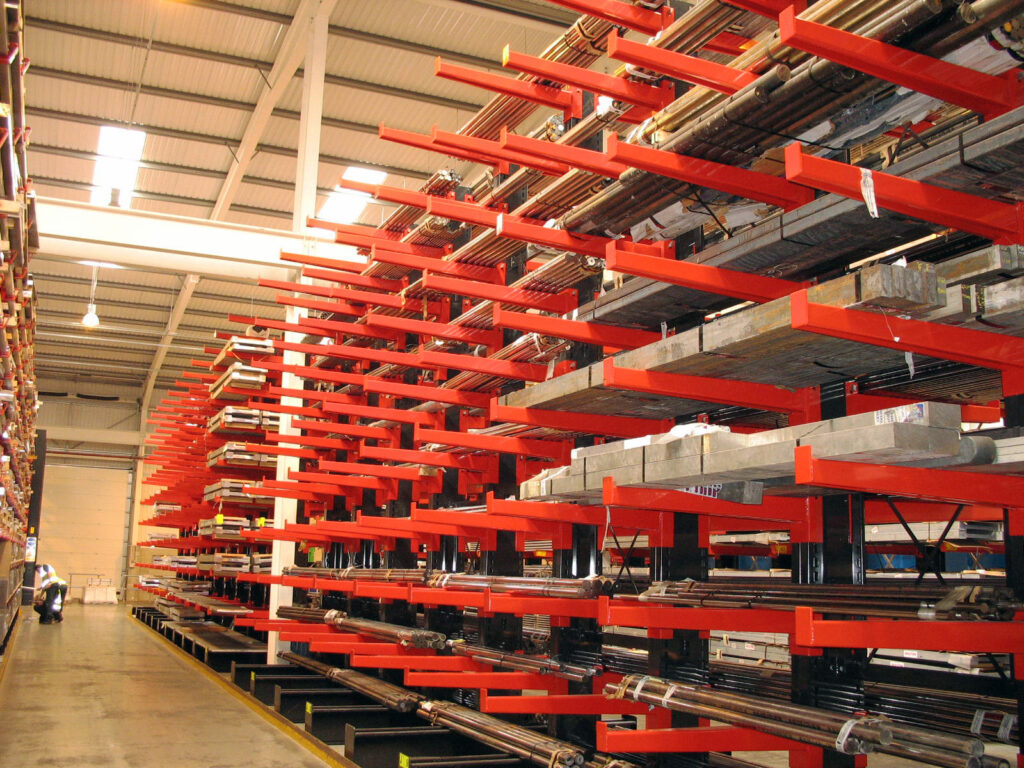 Cantilever Racking that has been installed by Stakapal with the add-on of arm-end stops that prevent products from falling into the aisles.